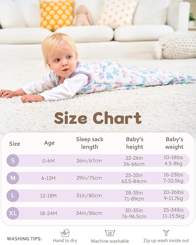 FIEMOL Rayon Made from Bamboo Baby Sleep Sack 6-12 Months, 1.0 Tog Baby Wearable Blanket, Soft Sleeping Bag for Newborn Infant Babies with 2-Way Zipper 2 Pack (Medium) Purple Butterfly
