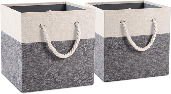 PRANDOM Large Foldable Cube Storage Bins 13x13 inch [2-Pack] Fabric Linen Storage Baskets Cubes Drawer with Cotton Handles Organizer for Shelves Nursery Closet Bedroom White and Grey