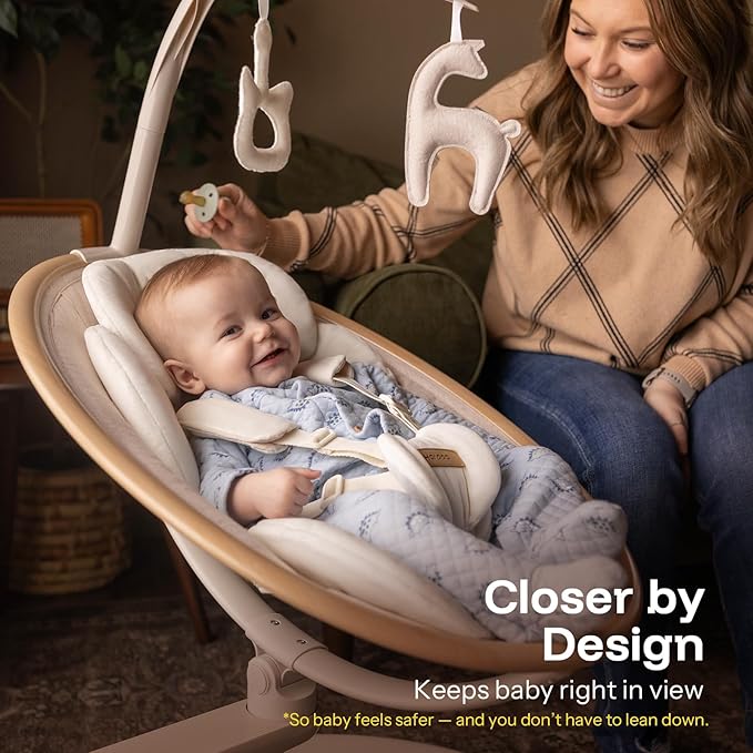 HARPPA Electric Baby Swing for Infants 0–6 Months, Baby Swing with Toy Bar and Sounds, Remote Control, 5 Speeds, 2 Seat Positions & 180° Rotation for Indoor Use, Warm Sand