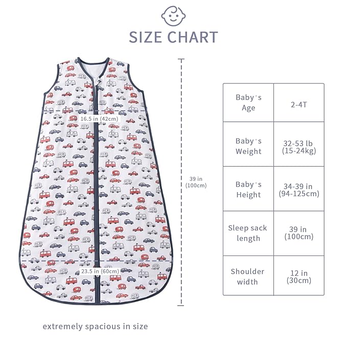 TADO MUSLIN Baby Sleep Sack 2-4 T 95% Rayon from Bamboo 5% Spandex Boys & Girls Wearable Blanket 1.0 TOG Toddler Sleeping Sack 2- Way Zipper X-Large Car Truck