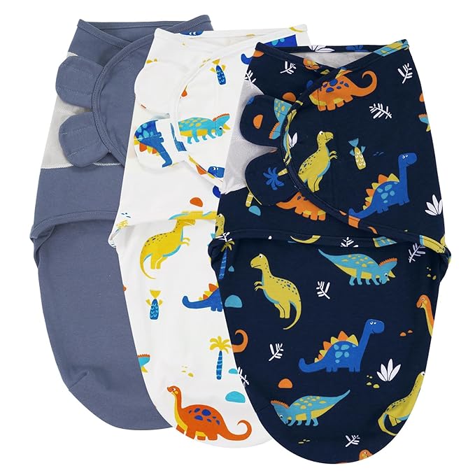 david's kids 100% Cotton 3 Pack Baby Swaddle Wrap for 0-3 Months, Soft Breathable Swaddle Blanket for Newborn Infant, Adjustable Baby Wrap Sleep Sacks for Boys Girls, Newborn Essentials, Dinosaur