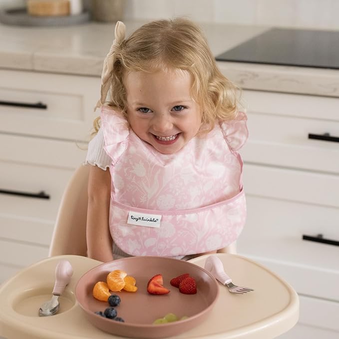 Tiny Twinkle Mess-Proof Baby Bibs for Eating | Waterproof, Wipeable Toddler Bibs with Catch-All Pocket | Feeding Bibs for Girls & Boys(3 Pack,Toile,Bows)