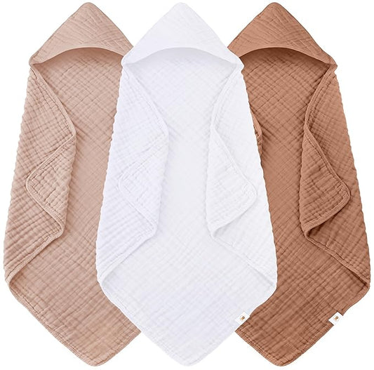 Sunny zzzZZ Muslin Hooded Baby Bath Towels - 3 Pack 100% Cotton Soft Low-Saturation Pastel Towels Including Classic White for Newborns, Infants, Toddlers - 32x32 Inch - Light Bean Paste and White