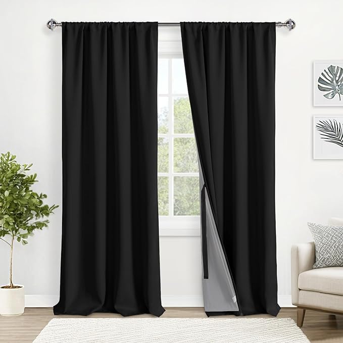 XWZO 100% Blackout Curtains 95 Inches Long with Tiebacks- Privacy Protection & Noise Blocking Window Draperies with Black Liner for Bedroom, Black, Rod Pocket/Back Tab, W52 x L95, Set of 2