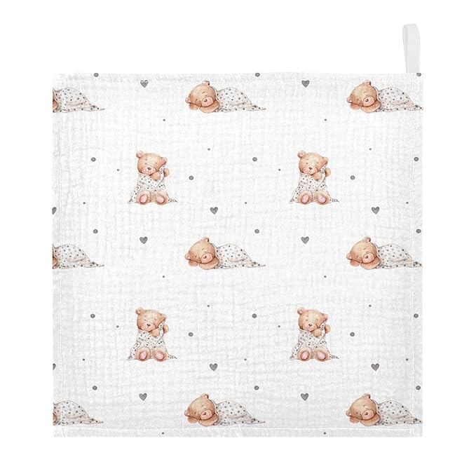 vvfelixl Baby Washcloths Cotton Cute Sleeping Teddy Bears Baby Muslin Washcloths Soft Baby Face Towel for Newborn Infants Baby Wipes, 11.8 X 11.8 inch, one sizex5