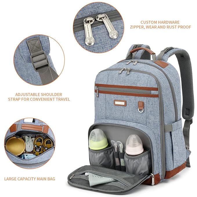 Diaper Bag Backpack, Large Baby Nappy Bags with Portable Changing Pad for Boys and GirlsMultifunction Travel Baby Bag for Moms Dads, Shower Gifts Waterproof and Stylish，Light Blue