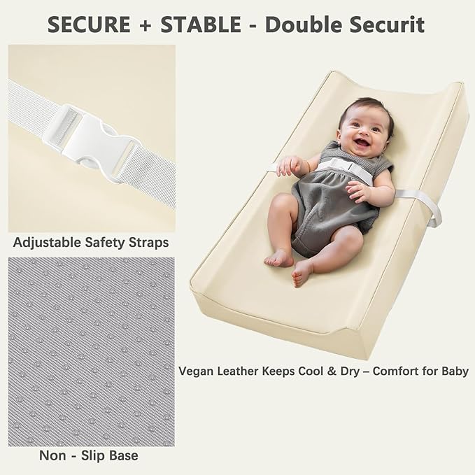 Vegan Leather Changing Pad Cover with Zipper - 31"X 16" - Waterproof Wipeable, Extra Thick & Portable & Non-Slip Diaper Mat - Fits Standard Changing Tables (Beige)