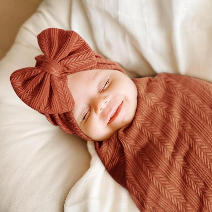 DRESHOW BQUBO Baby Swaddle Blankets for Girls, 4PCS Newborn Accessories Set with Matching Hat and Bow Headband with Hello World Wooden Birth Announcement Card