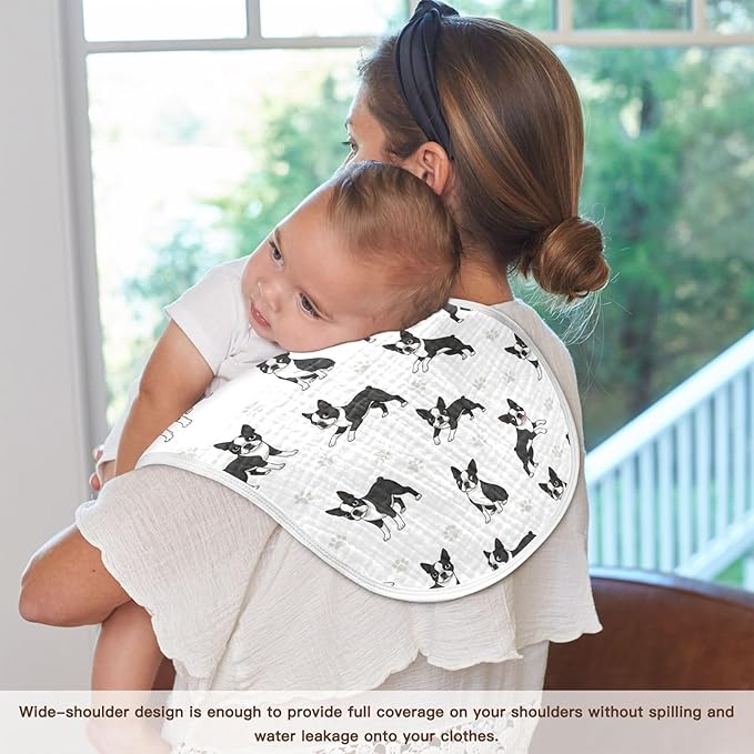 Qinllo 2 Pack Muslin Burp Cloths Boston Dogs Paw White Cotton Baby Burp Cloths Ultra Absorbent Soft Thick Burping Cloth for Baby Boys Girls 22x11 Inch