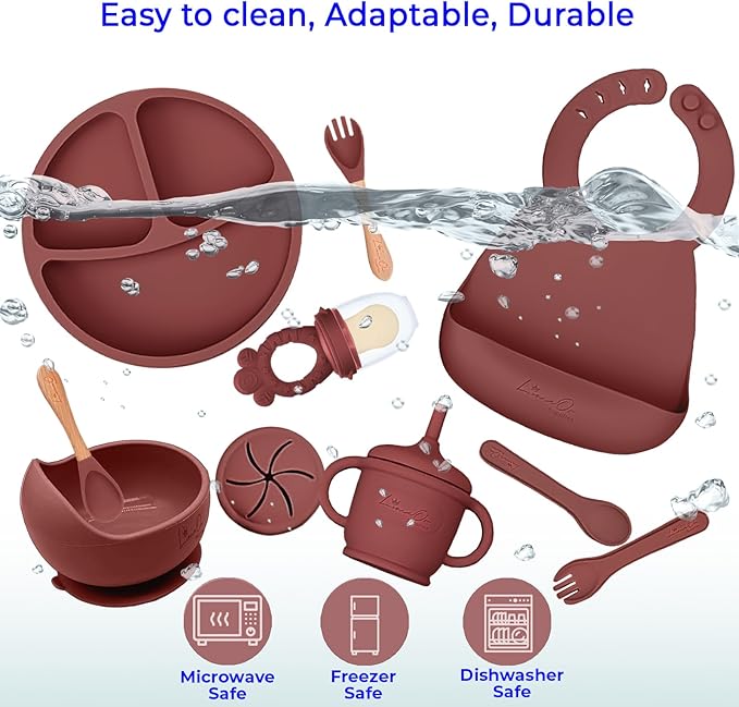 Silicone Baby Feeding Set, 10 Pcs Baby Led Weaning Supplies | BPA-Free Baby Dishes with Toddler Plates and Bowls Set, Silicone Bib, Suction Cup, Baby Spoons & Forks | Empower Independence – Red