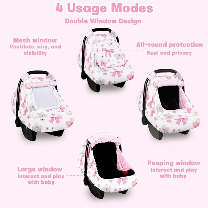 Hooyax Baby Car Seat Cover with Dual Zipper, Extra Large Mesh Window Carseat Canopy, All-Season Weather Protection for Infant Car Seats & Strollers (Pink Bow)