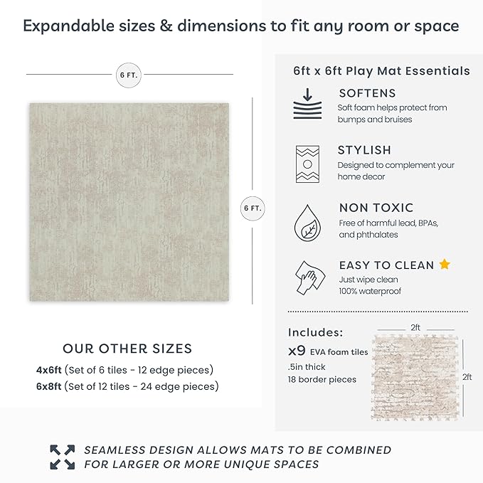 Baby Play Mat for Floor - Sandstone (6x6ft) - Premium EVA Foam Play Mat for Babies & Toddlers (Ages 0-5+) Non-Toxic Playmat for Tummy Time, Crawling & Playroom - Stylish & Comfortable