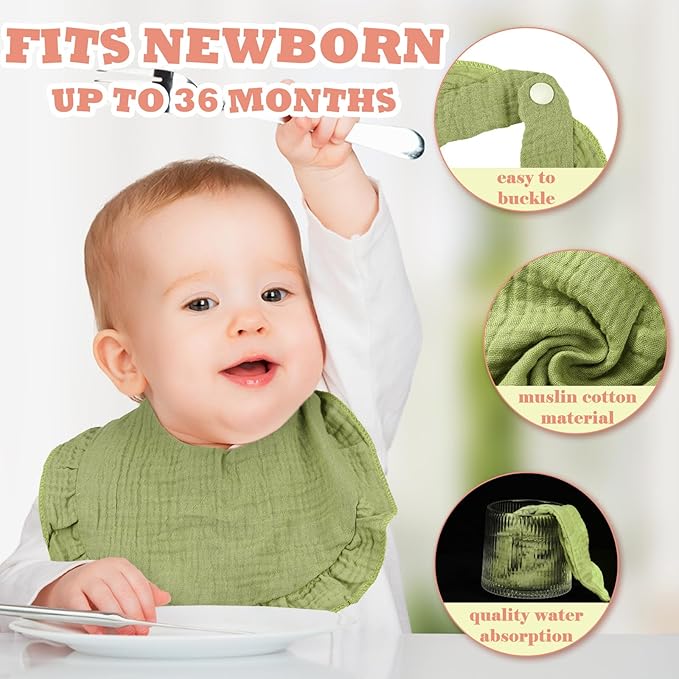 Seematn 10 Pcs Baby Muslin Bibs for Unisex Girls & Boys Drool Bibs Bandana Ruffle Soft Cotton for Newborn Infants Toddlers(Pastel Colors)