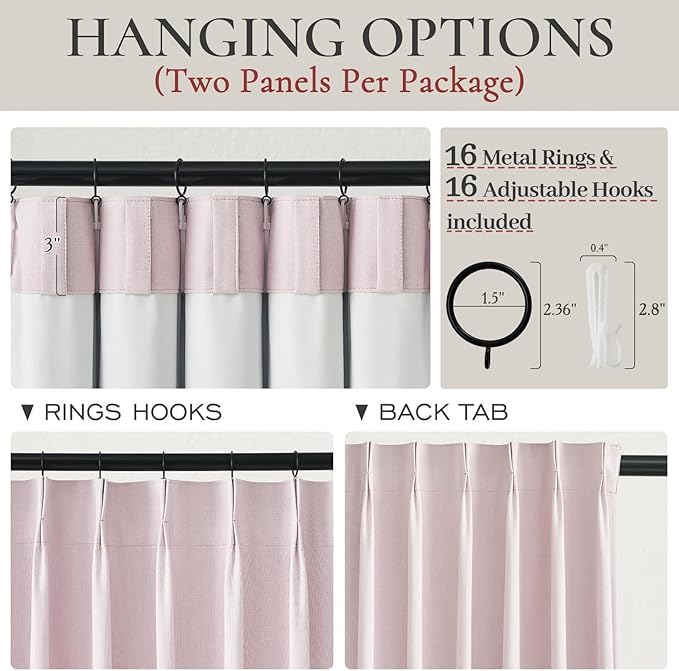 Pink Boho Blackout Curtains for Girls Room, Viral Pinch Pleated Linen Drapes Back Tab 96 Inches Long for Bedroom/Nursery Sound Dampening Heat Blocking Window Curtain (40" Wx96 Lx2 Panels)