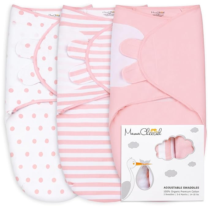 Mama Cheetah Baby Swaddle Blanket, Adjustable Newborn Swaddle Wrap for Infant (0-3 Month), 3 Pack Soft Organic Cotton