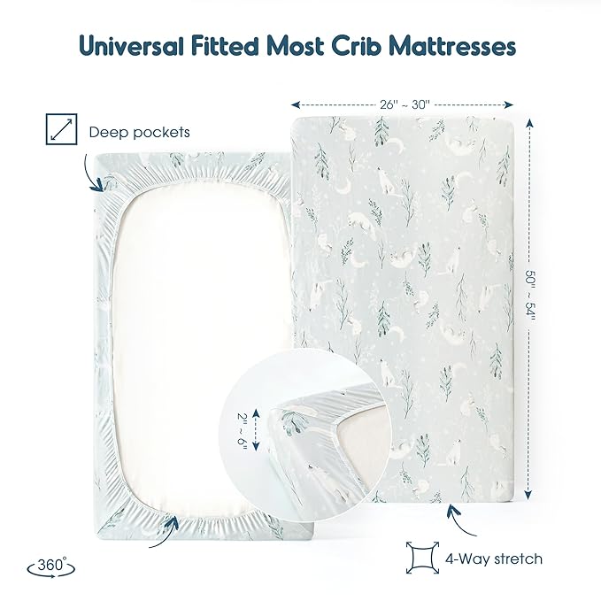 Stretchy Ultra Soft Jersey Knit Fitted Crib Sheets Set 2 Pack，Fit All Standard Crib Mattress Pads Safe and Snug, Stylish Pattren of Bear and Wolf Print