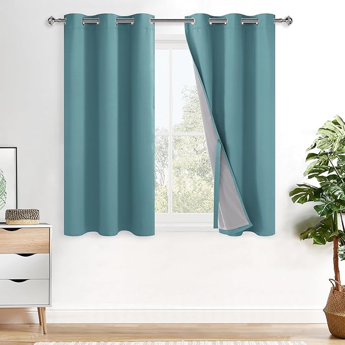 XWZO 100% Blackout Curtains - Thermal Insulated Black Liner Curtains, Noise Reducing and Heat Blocking Drapes for Hall and Studio Windows with Tiebacks, Stone Blue, W38 x L54, Set of 2