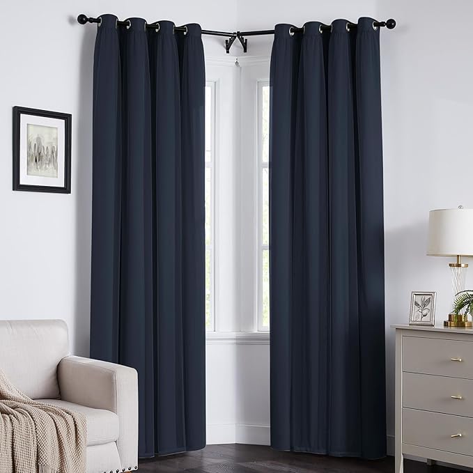 100% Blackout Curtains for Bedroom, Double Layer Navy Blue Curtains, Black Out Curtain 108 inch Long with Sheer Overlay for Living Room, Room Darkening Drapes with Grommet, 52" W x 108" L