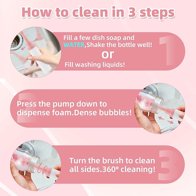 Chuya Baby Bottle Brush Kit -Upgraded Silicone Bottle Cleaning Brush & Nipples Cleaning,Press-Pump Foam Dispenser Brush for Baby Bottles, Nipples, Breast Pump Parts-Rich Foam for Home Travel TSA