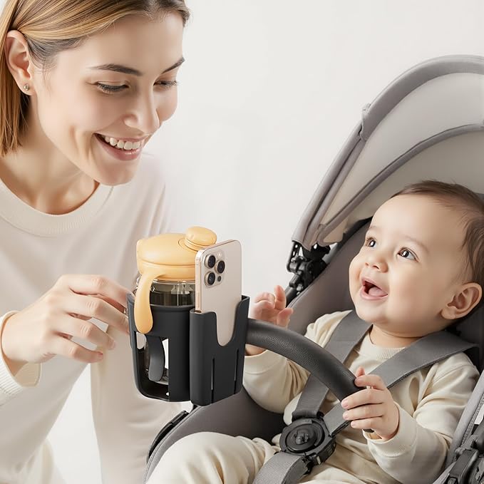 Li & Zhao Universal Stroller Cup Holder - 2-in-1 Wheelchair Cup Holder Adjustable Bike Drink Holder with Phone Holder Accessories for Rollator,Bike,Scooter,Walker(Black)