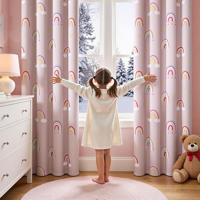 jinchan Nursery Blackout Curtains for Kids Room Rainbow Pink Curtains Cute Girls Bedroom Dorm Playroom Window Treatment Grommet Thermal Insulated Room Darkening 2 Panels 84 Inch Length
