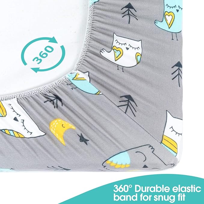 Pack n Play Sheets, BROLEX 2 Pack Mini Crib Sheets,Stretchy Portable Fitted Playard Sheet Set, Convertible Playard Mattress Cover,Ultra Soft Breathable Material,Owl & Bear