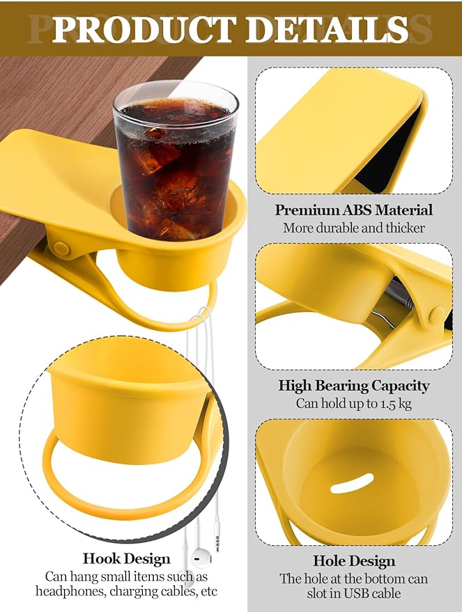 Kalolary 2-Pack Table Edge Cup Holder - Versatile Clip for Drinking Cups, Mugs & Bottles - Ideal for Home, Office & School (Yellow)