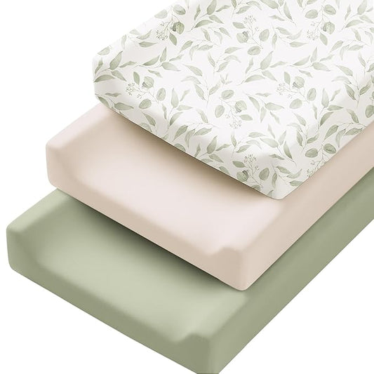 Konssy 3 Pack Stretchy Changing Pad Covers for Girl, Boy, Silky Soft Changing Table Cover, Breathable Baby Nursery Diaper Chang Pad Sheets (Green Leaves)