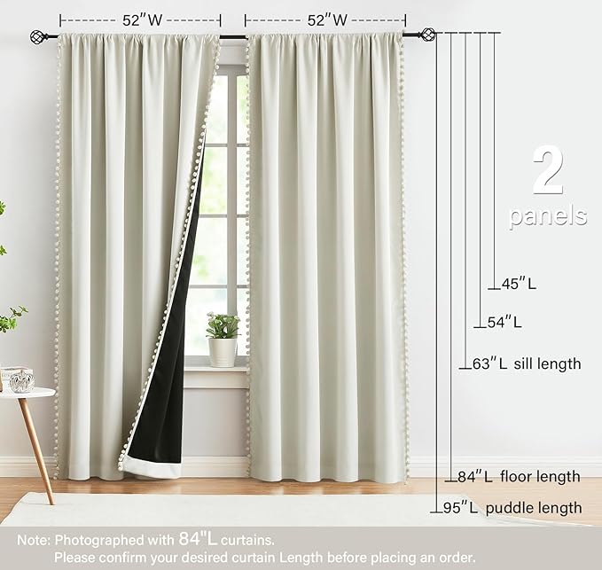 Treatmentex Pom Pom Blackout Curtains Ivory Short Natural Thermal Insulated Window Drapes for Kids 52"X54"L 2pc Rod Pocket