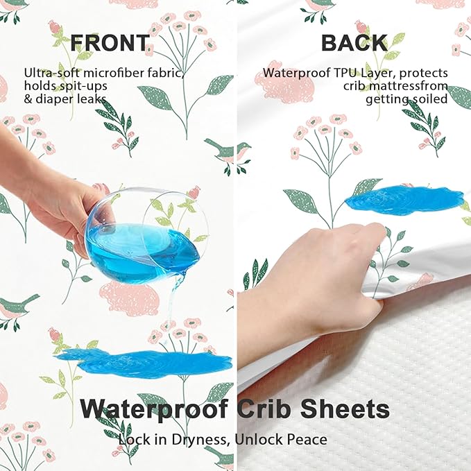 Little Grape Land Waterproof Crib Sheets for Boys Girls, Soft and Breathable Waterproof Baby Crib Sheets 52"x28", Crib Mattress Sheets Neutral for Standard Crib and Toddler Bed Mattress (Bunny)