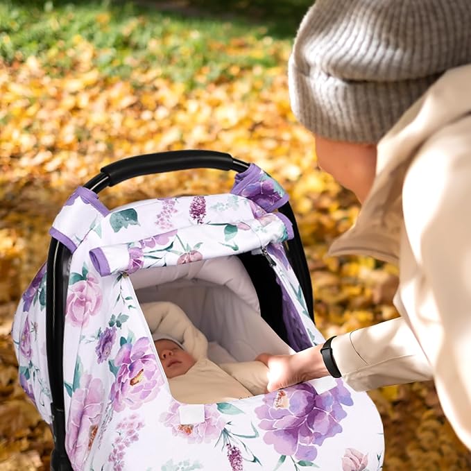 Car Seat Cover Baby, HNHUAMING Infant Car Seat Covers Canopy for Baby Girl Boy, Cozy & Windproof Newborn Carseat Covers Minky Dot Backing Stroller Cover with Breathable Mesh Window, Purple Flower