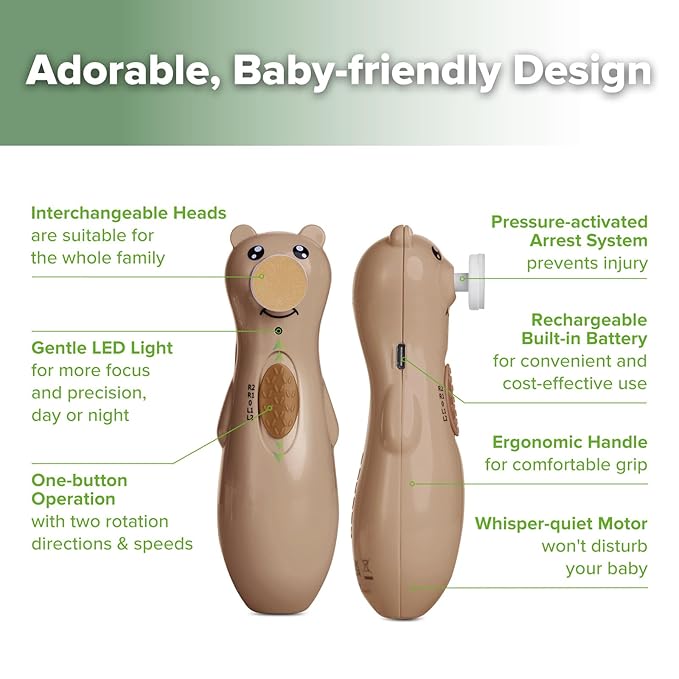 haakaa Baby Nail File Electric, Rechargeable Baby Nail Trimmer with LED Light, Baby Nail Clippers for Newborn/Children's Fingernails and Toenails, 6 Replacement Heads & Storage Case, Toffee