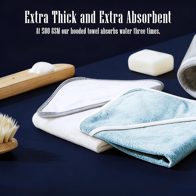 2 Pack Baby Bath Towel - Rayon Made from Bamboo, Ultra Absorbent - Ultra Soft Hooded Towels for Kids - X Large Size for 0-7 Yrs (White and Blue, 37.5 x 37.5 Inch)