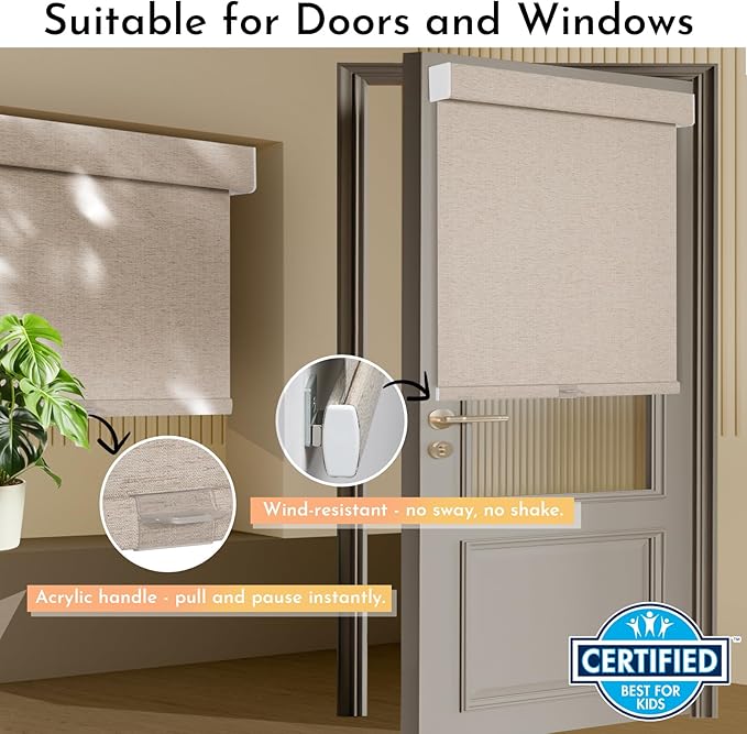 Persilux Blackout Roller Shades for Window Blinds,Cordless,Linen Fabric,Thermal Insulated Fabric UV Protection Shades for Home,Office,Bedroom,Door,Blackout-Beige,34 1/2" W X 72" H
