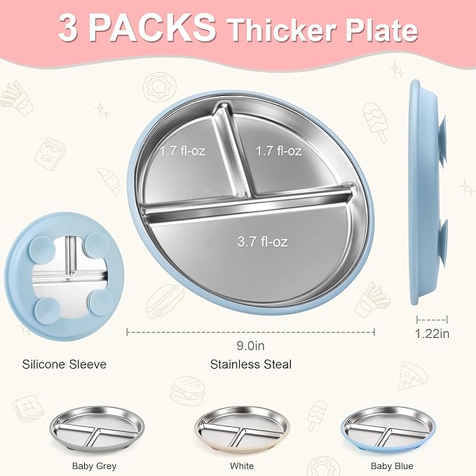 Bella's Friends Stainless Steel Toddler Plates Silicone Suction,3 Packs Non-Slip Baby Plates,Divided Portion,Food-Grade Silicone Plate for Kids,LEAD-FREE Dishwasher Safe, Blue Gray Beige