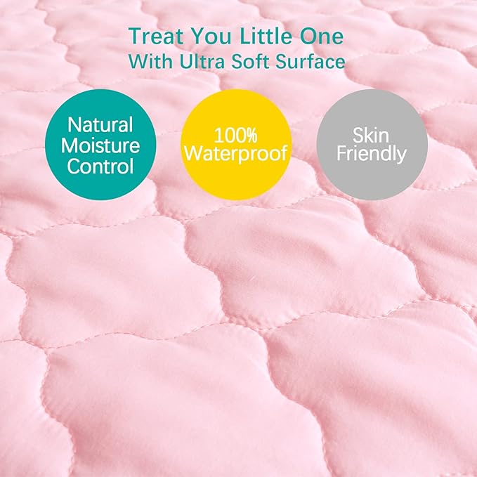Crib Mattress Protector Sheets Fitted Waterproof Crib Mattress Pad Cover, Noiseless & Machine Wash 100% Absorbent Crib/Toddler Mattress Protector Sheet Quilted, Pink, 52" x 28"