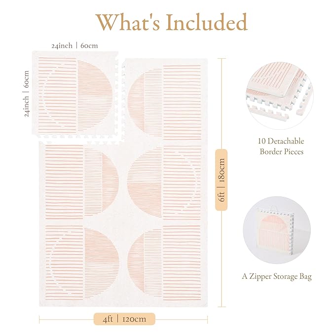 PopsyKosy Premium Baby Floor Play Mat - Extra Thick & Cushioned 1 inch Playroom Foam Mat, Non-Toxic Odorless - 6 Tiles - Spacious 6x4 ft. - Stylish & Large, Waterproof for Kids & Toddlers - Cream Pink