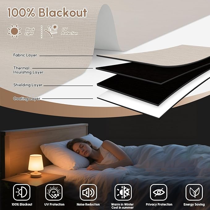Kincmo No Drill Motorized Blinds with Remote, 100% Blackout Roller Shades for Windows, Custom Electric Blinds Compatible with Alexa, Apple Homekit, Google Home (100% Blackout Weave Beige)