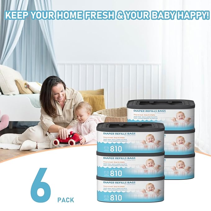 Jumbo Square Refills Disposal Bags Refill (Baby Powder Scent) Compatible with Diaper Genie Classic, Compact and Select Pails, Hold Up to 810 Newborn-Sized Diapers Per Refill, 6 Packs