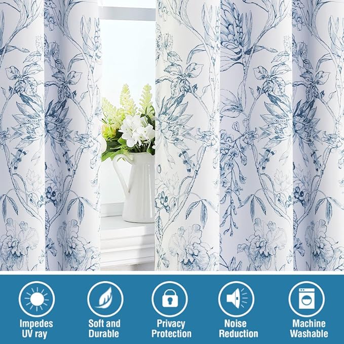 H.VERSAILTEX 100% Blackout Curtains for Bedroom Camellia Floral Blackout Curtains 96 Inches Long Light Blocking Window Treatment Curtains with Black Liner Grommet Thermal Drapes, 2 Panels, Stone Blue