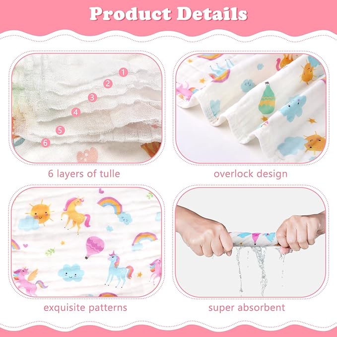 decalsweet Baby Burp Cloths Muslin Washcloths 6 Pack Muslin Burp Cloths 100% Cotton Large 20''x12'' Soft 6 Layers Baby Burp Rags for Boys Girls Baby Essentials for Newborn Gift Machine Washable