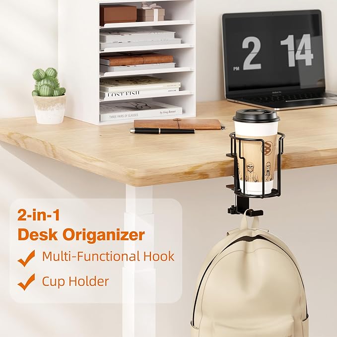 Large Desk Cup Holder, 2-in-1 Clip On Cup Holder with Headphone Hook, Heavy-Duty Metal Drink Holder for Insulated Tumblers, Big Water Bottles, Fits Office Desk Organizer, Dorm, Gaming Setup (1 Pack)