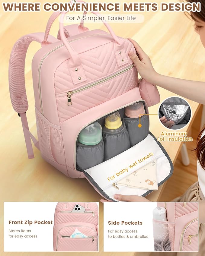 Diaper Bag Backpack,Baby Essentials Diapers Bag with Pacifier Case,Multipurpose Stylish Large Capacity Travel Backpack for Baby Girl/Boy(M-Pink)