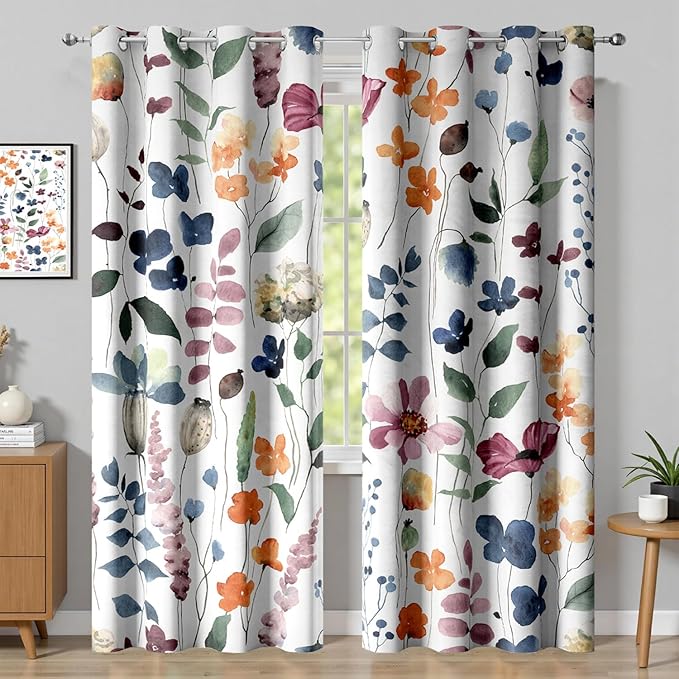 Boho Vintage Floral Blackout Curtains, Retro Watercolour Colorful Plant Leaf Flower Design Window Drapes, Living Room Bedroom Decor 2 Panels 52x63 Inch