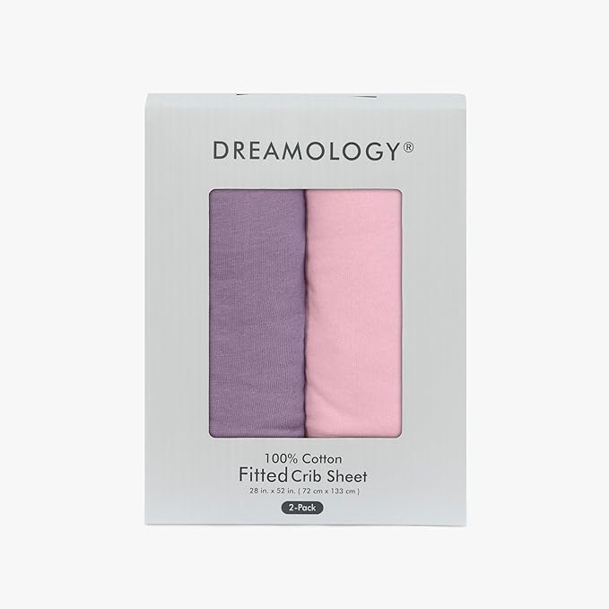 Dreamology Cotton Crib Sheets Fitted, 2 Pack, Standard Crib Sheet, Soft & Breathable,100% Jersey Cotton Crib Sheet Girls, Boys, Toddler Bed Sheets, 52x28 Crib Mattress Sheet | Purple, Pink
