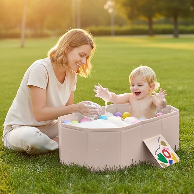 Baby Bathtub for Newborn to Toddlers, Foldable Infants Babies Bath Tub with Non-Slip Base and Drain Plug, Portable Bathtub for Home Outdoor (Ivory, 75-45-25CM)