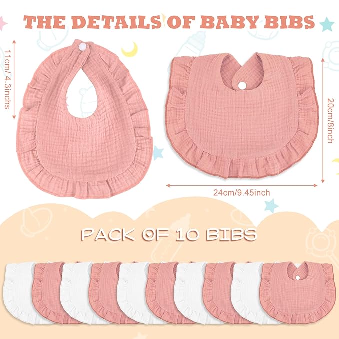 Seematn 10 Pcs Baby Muslin Bibs for Unisex Girls & Boys Drool Bibs Bandana Ruffle Soft Cotton for Newborn Infants Toddlers(Pink, White)