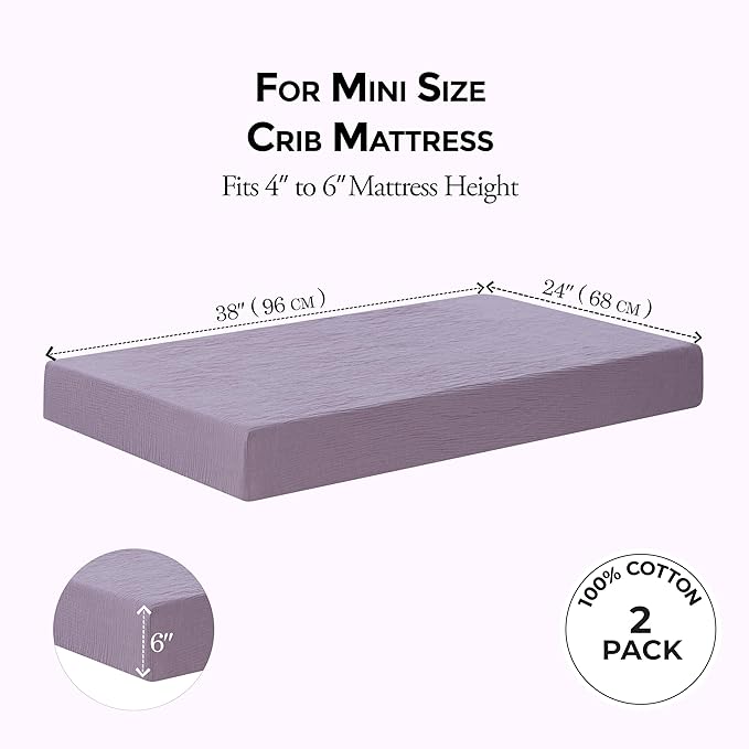 Dreamology Muslin Mini Crib Sheets, Girls, Boys, Soft & Breathable Crib Sheet 2 Pack,100% Cotton Purple Crib Sheets for Mini Cribs, Pack n Play Sheets, 24x38 Mini Crib Sheet Fitted | Purple,Pink