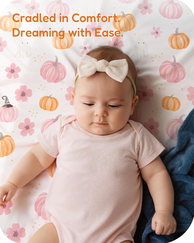 Halloween Pack and Play Sheets Fitted, Mini Crib Sheets 2-Pack for Pack N Play Mattress, Frankenstein, Pumpkin, Ghost