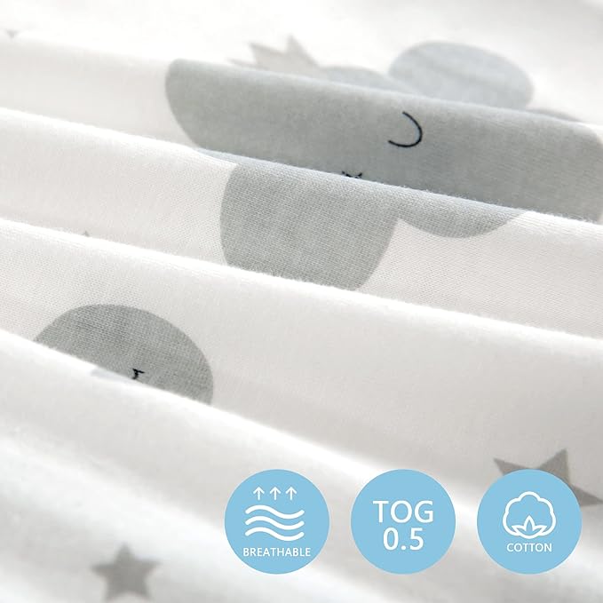 TILLYOU 2 Pack Baby Sleep Sack 18-24 Months 100% Cotton Wearable Blanket 0.5 TOG Sleeveless Summer Sleep Sacks with 2-Way Zipper, Grey Elephant & Cloud